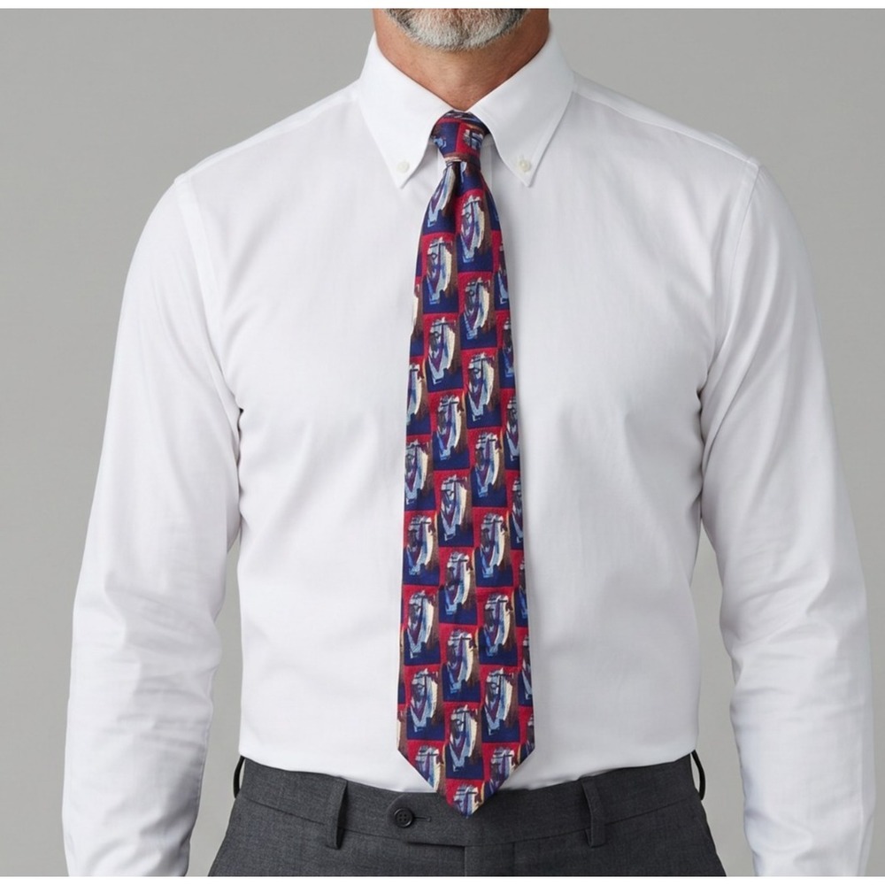 J Garcia Silk Tie Geometric Abstract Art Blue Tan USA Made Mens Necktie